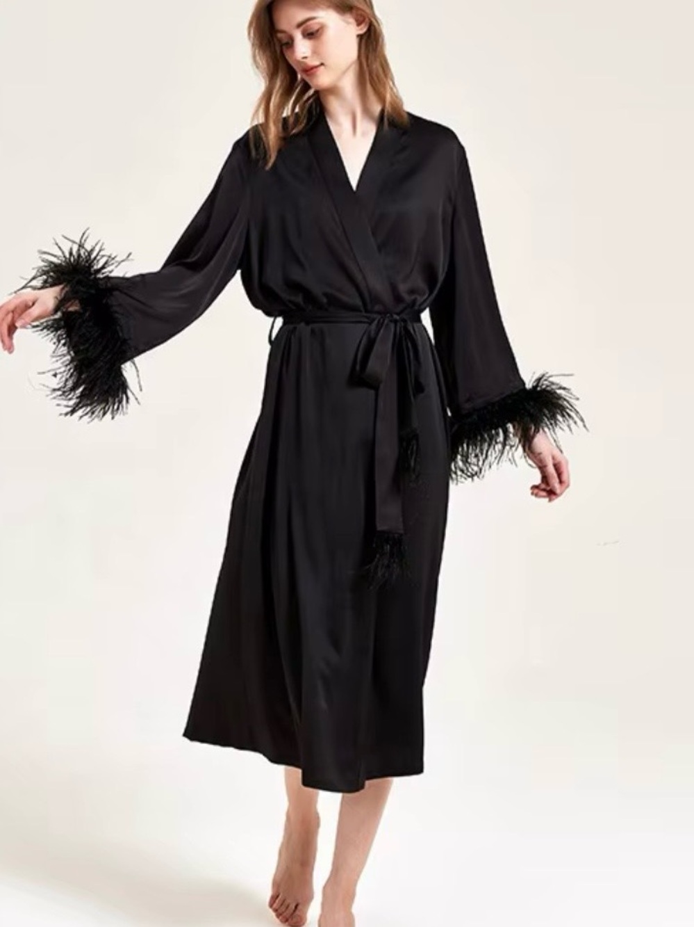 Auden Black Satin Robe with Feather-Trim Cuffs